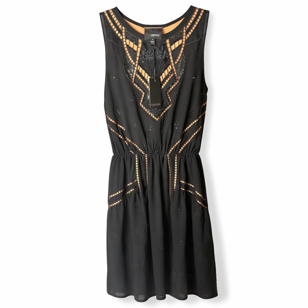 Greylin Black Beaded Art Deco Mini Dress Sleeveless Elastic Waist Womens Small